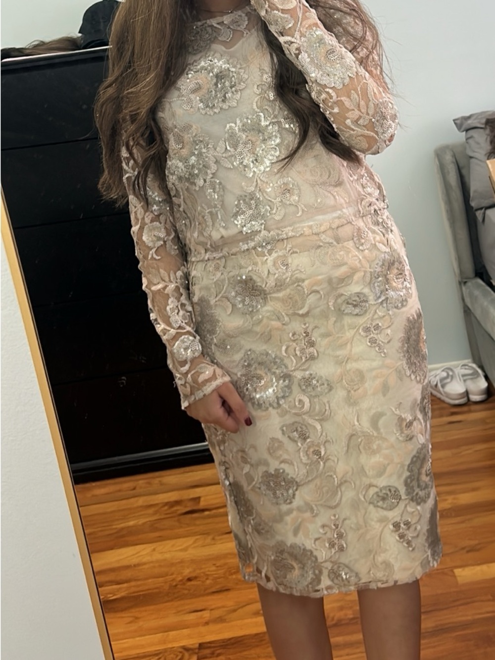 Endless Rose Blush and Silver Embellished Long-Sleeve Lace shirt